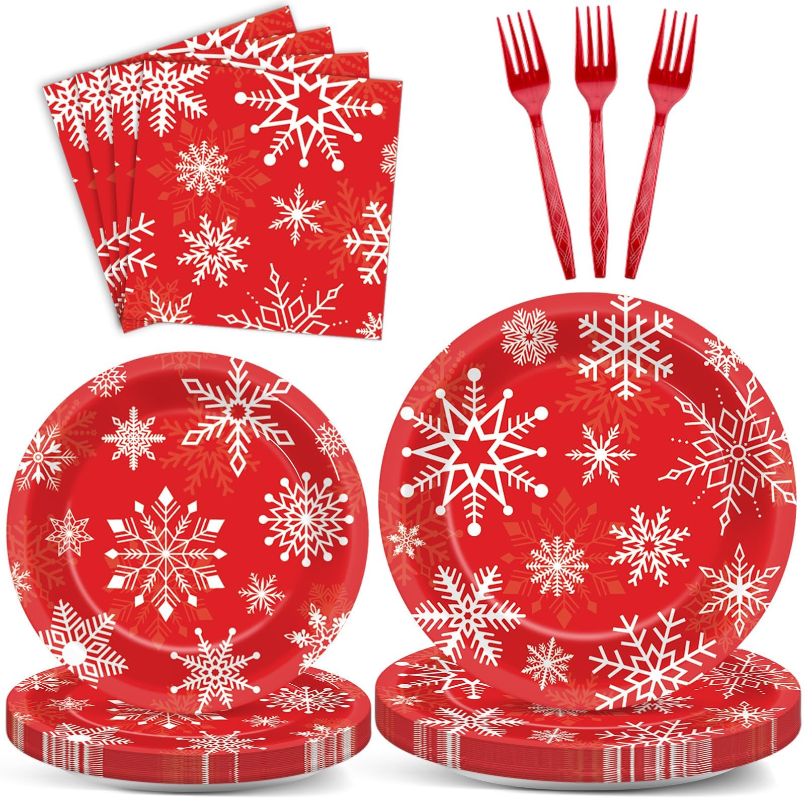 Photo 1 of 100 PCS Merry Christmas Tableware Set Christmas Theme Party Supplies Serves 25 guests Snowflakes Paper Plates Xmas napkins Bulk Christmas Dinnerware Set for Xmas Party Decorations Disposable Tableware