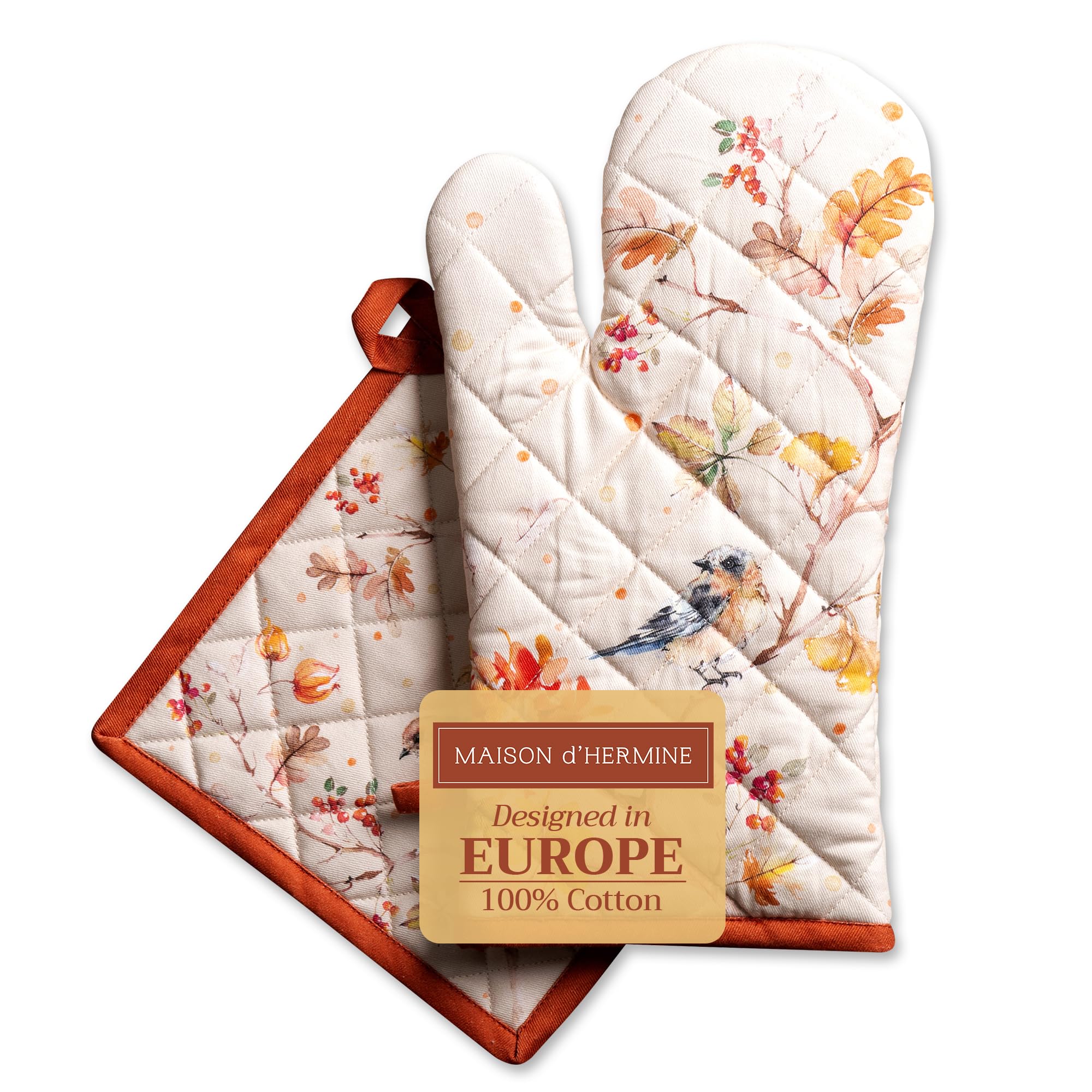 Maison d' Hermine 100% Cotton Oven Mitt & Pot Holder Set (19 x 33 cm & 20 x 20 cm) Heat Resistant BBQ Cooking Gloves with Loop for Christmas Decorations Baking Handling Hot Pans (Kelim - Prairie)