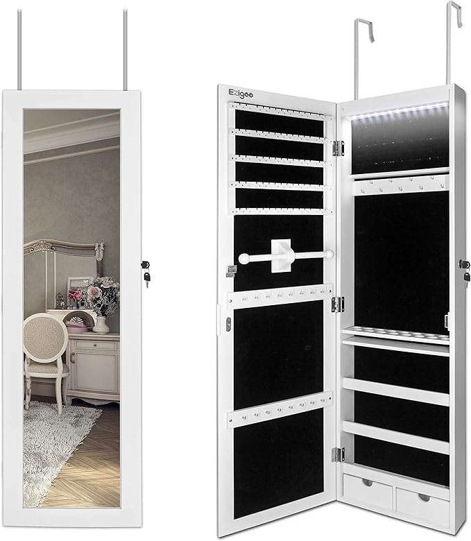 Ezigoo Espejo Joyero con Armario para Joyas, Montura para Puerta Joyero Pared Espejo con Gabinete con Luces LED, 110 x 31.5 x 8.5 cm