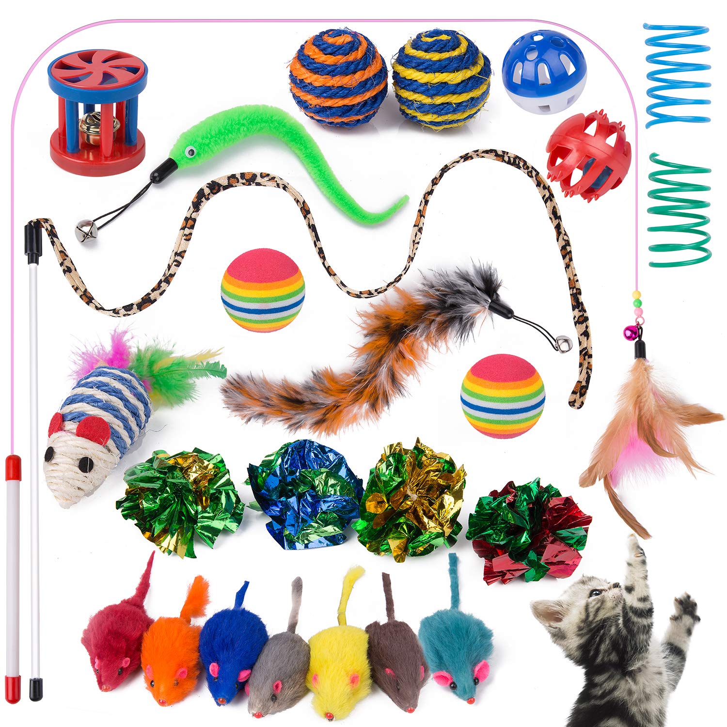 Kitty Interactive Wand Crinkle Balls and Springs for Cats Puppy Kitten