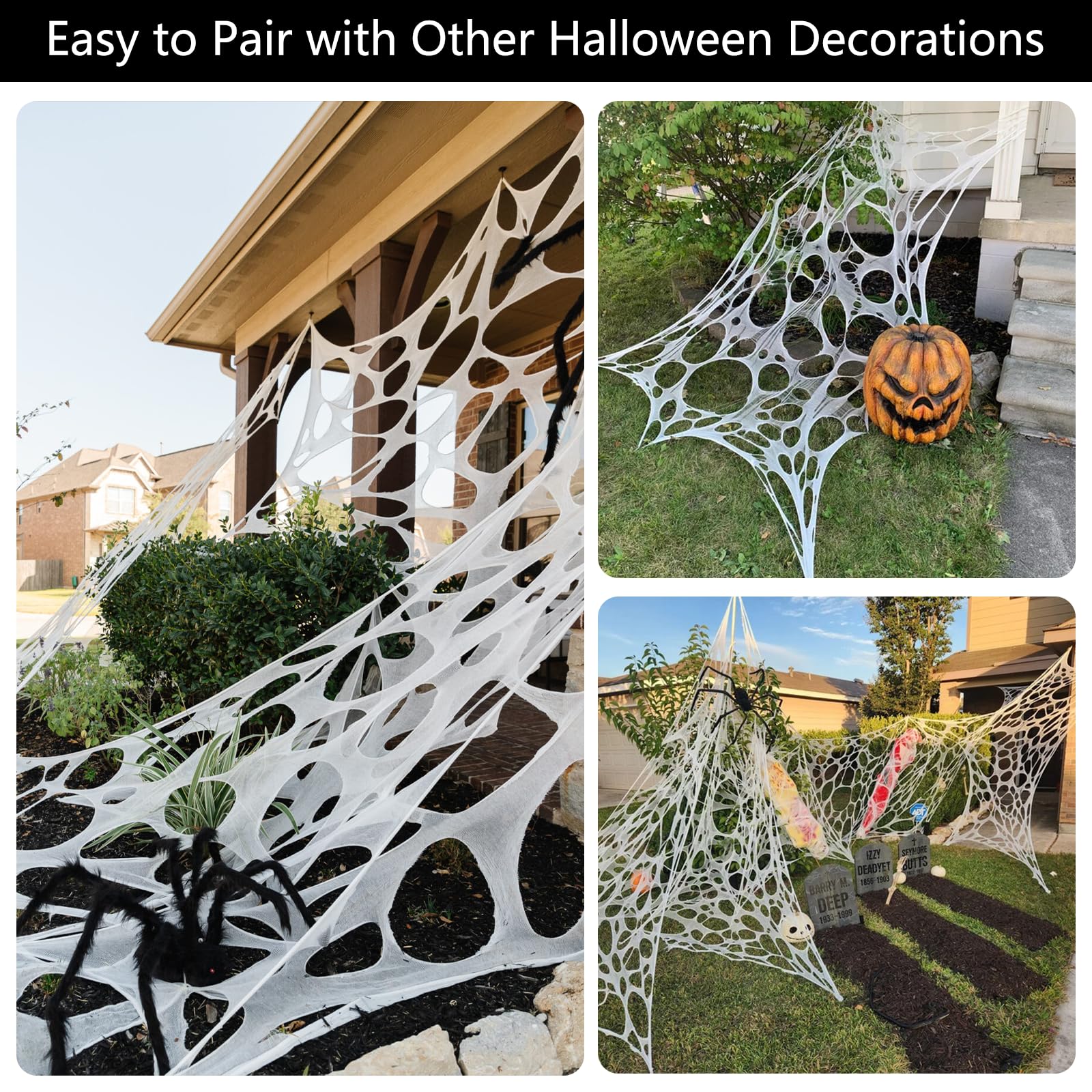 JOYSELLER Spider Web Halloween Decorations Outdoor, Stretchy 450 sqft Halloween Spider Web, Cut-Your-Own Flexible Spider Webbing for Haunted House, Porch, Yard & Party (Spiders Not Included)