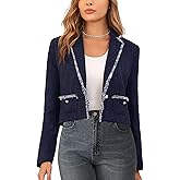 M.Infisavo Women’s Cropped Tweed Jacket Blazer with Pockets Long Sleeve Open Front Notch Lapel Cardigan Elegant for Casual