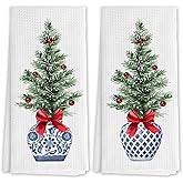 DNEULYR Red Bow Chinoiserie Christmas Tree Kitchen Towels, Blue and White Xmas Tree Decorative Hand Towels for Bathroom, Grandmillennial Christmas Dish Tea Towels for Kitchen, 16x24 Inch Set of 2