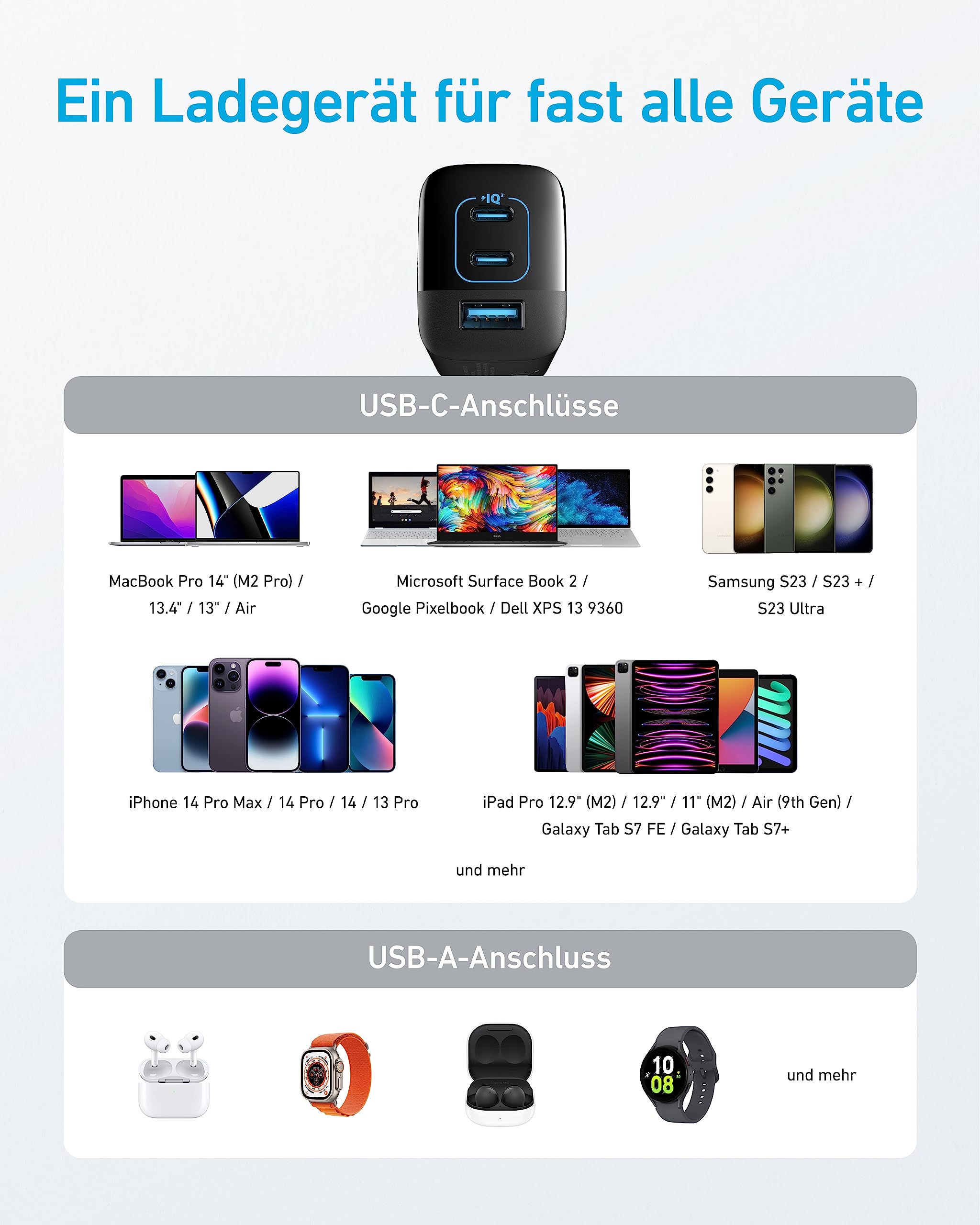 Anker USB C Ladegerät 67W, Anker 335 Hochleistungs-Netzteil mit PIQ 3.0, 3-Port Schnellladegerät, iPad ladegerät, PD Charger für iPhone 17/16/15 Series, MacBook Pro, iPad, Galaxy, Pixel und mehr 7