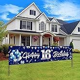Lnlofen Blue Silve 16th Birthday Banner Decorations, Happy 16 Birthday Yard Banner Sign for Boys, Sweet 16 Year Old Birthday Background Décor for Indoor Outdoor