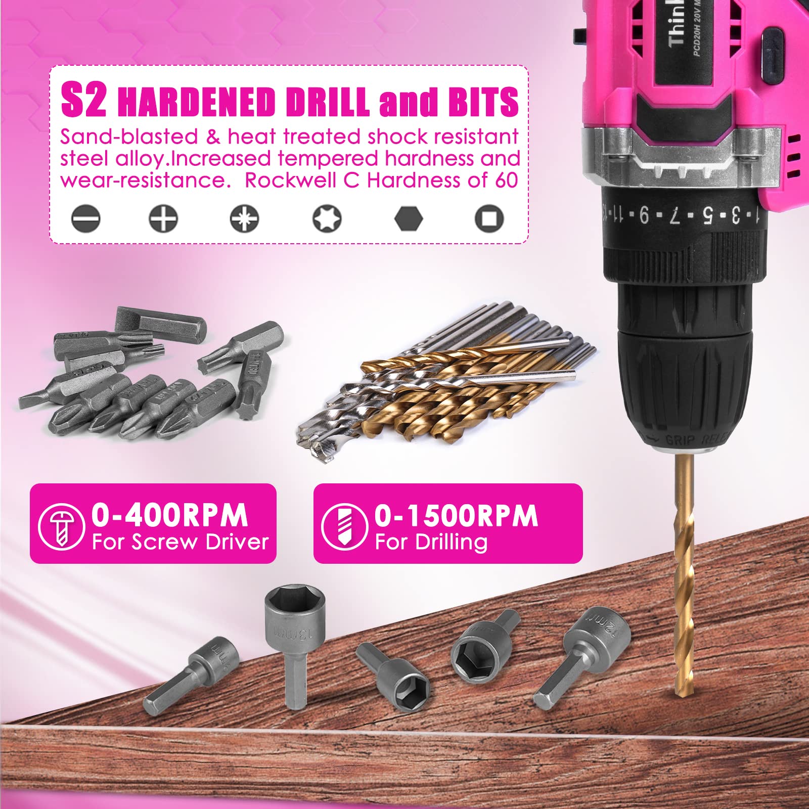 Tool Kit with 20V Cordless Drill(265in-lbs), Pink Drill Set for Women, Lady's Home Tool Kit for DIY, Daily Repair Tool Set as a Creative Gift with a Large-Capacity Tool Storage Bag