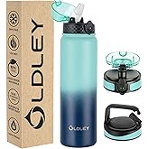 Oldley Insulated Water Bottle 32 oz Stainless Steel with Straw Lid/Chug Lid, Double Wall Vacuum Wide Mouth Sweat/Leak-Proof for Sports Gym Travel Camping (Caribbean Blue)