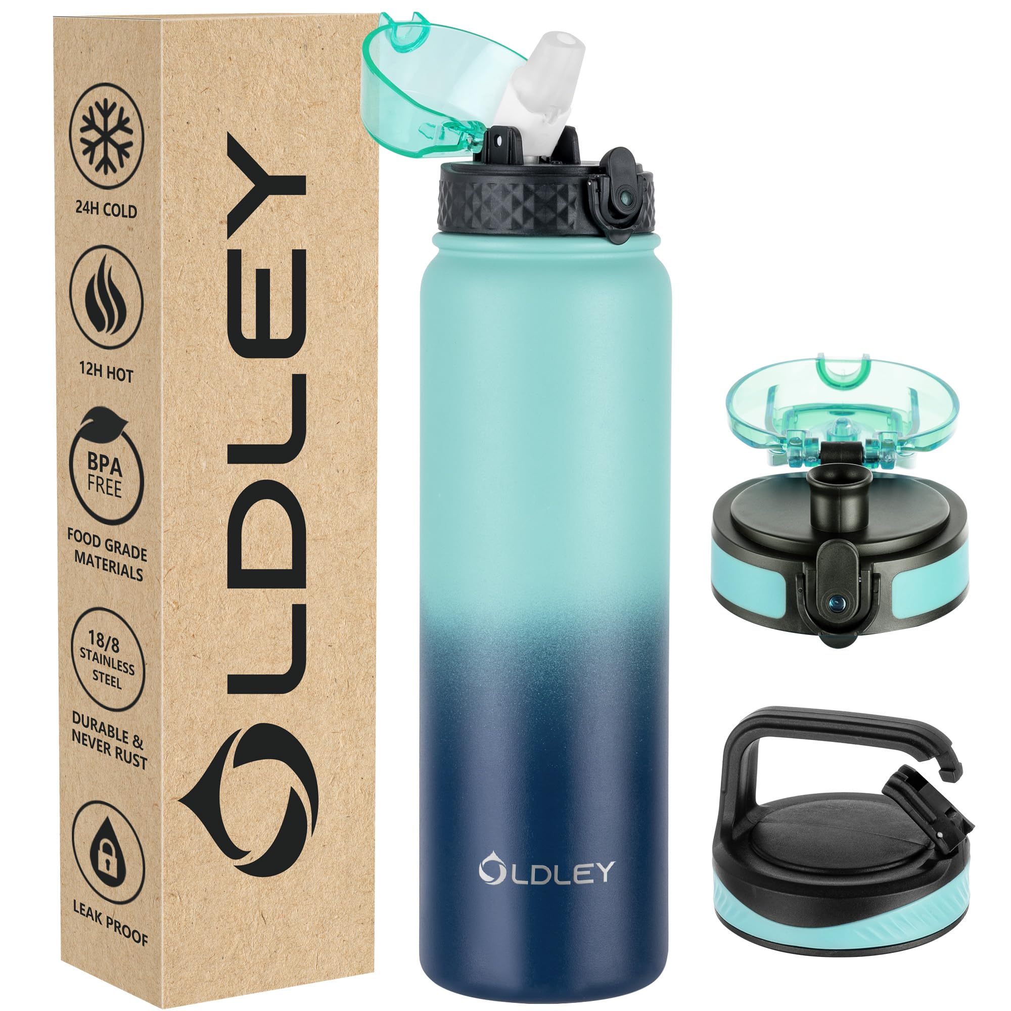 OLDLEY Stainless Steel Water Bottle with Straw 1L Vaccum Insulated Large Drink Flask Metal Water Bottles 1 Litre Leakproof Keep Drinks Hot Cold for Sports Gym with Different Lids(Green Blue, 3 Lids)