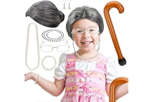 Auihiay 8PCS Old Lady Costume for Kids, Old Lady Wig Granny Glasses Faux Pearl Necklace Bracelet Earrings Eyeglass Chains Inflatable Walking Stick for Halloween, 100th Day of School