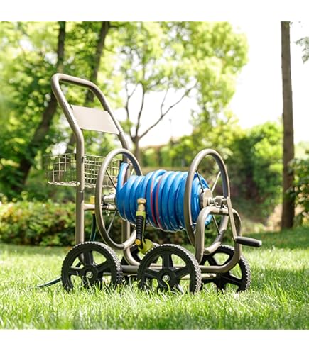 Garden Hose Reel Giraffe Tools Cart With Wheels, Heavy Duty Metal