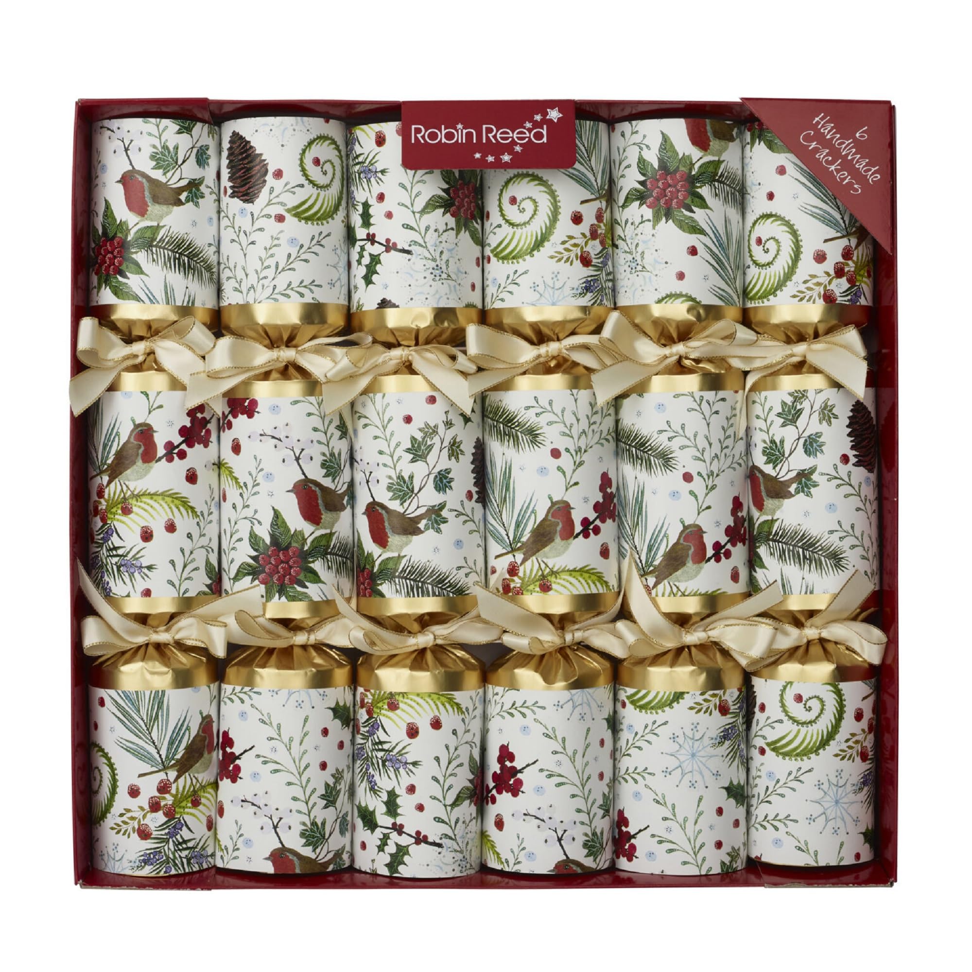 Crackers Ltd Set of 6 festiver robins Christmas Crackers with satin ribbons