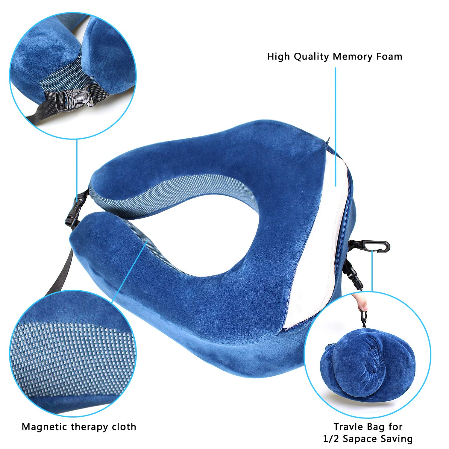 Travel Pillow, Comfortable & Breathable 100% Pure Memory Foam Neck Pillow for Traveling Car Airplane Bus Train with Portable Drawstring Bag(Adult Size, Blue)