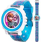 Disney Frozen Kids Digital Watch with Anna and Elsa, Sound FX Button Plays “Let It Go”, Glitter Bezel, Printed Strap, Gift Tin Included, Fits Wrists 5.5" to 8"