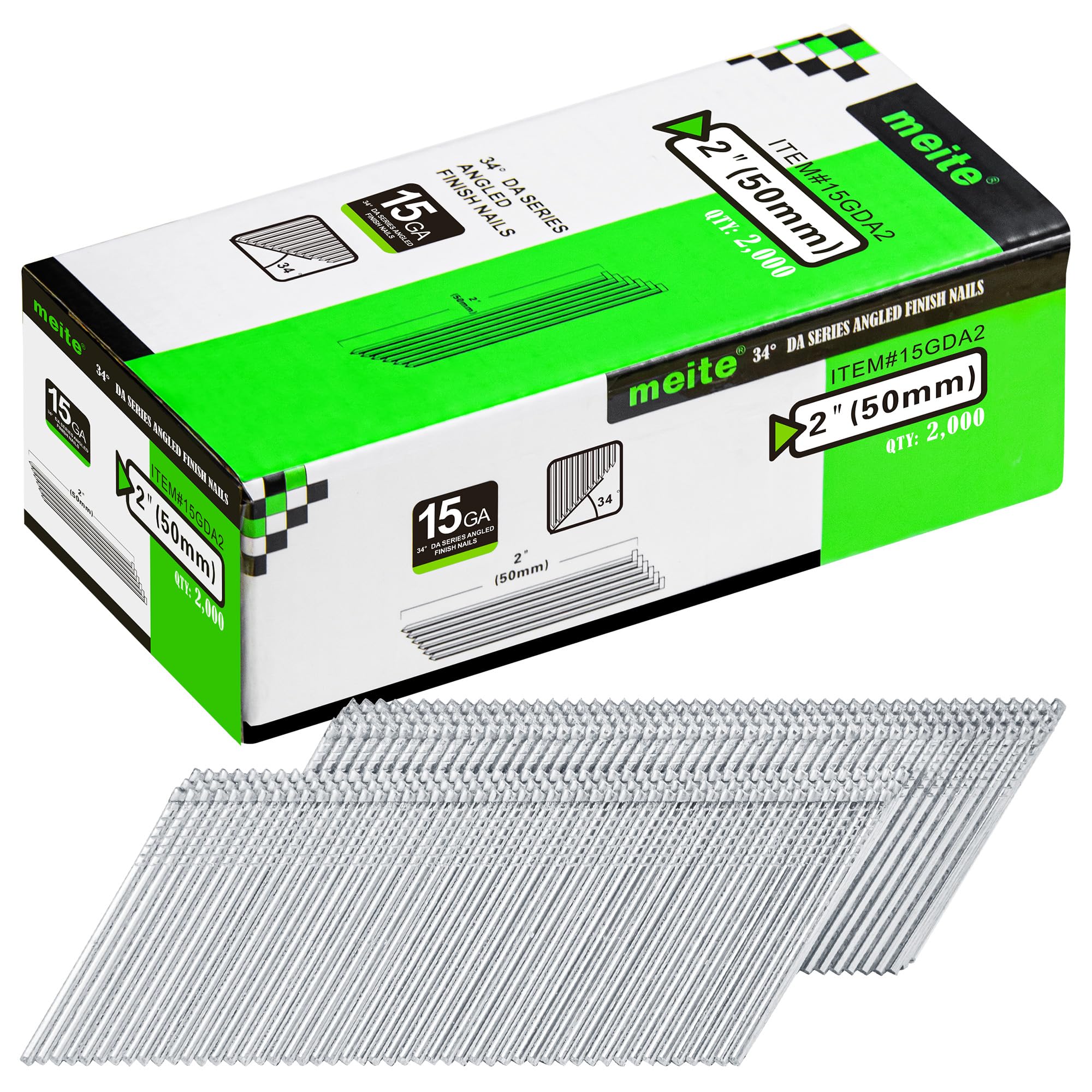 meite DA50 Type 15G / 50 mm Angled Finish Nails, 15 Gauge 34 Degree Galvanised Angled Finishing Nails for Nail Guns - Ideal for Woodworking, Upholstery, and Framing Projects (2,000 Counts)