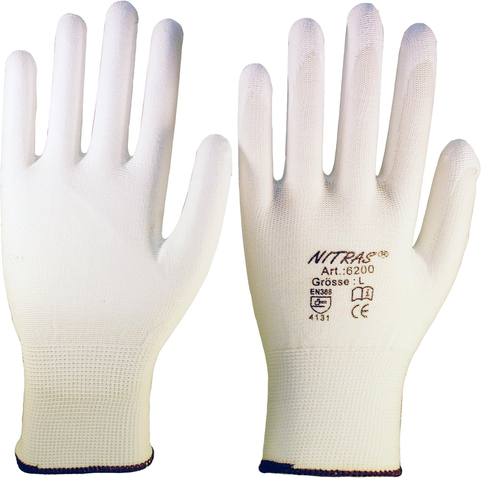 12 Pairs of Nylon Assembly Gloves NITRAS 6200 White Polyurethane Gloves Size: Medium (7)