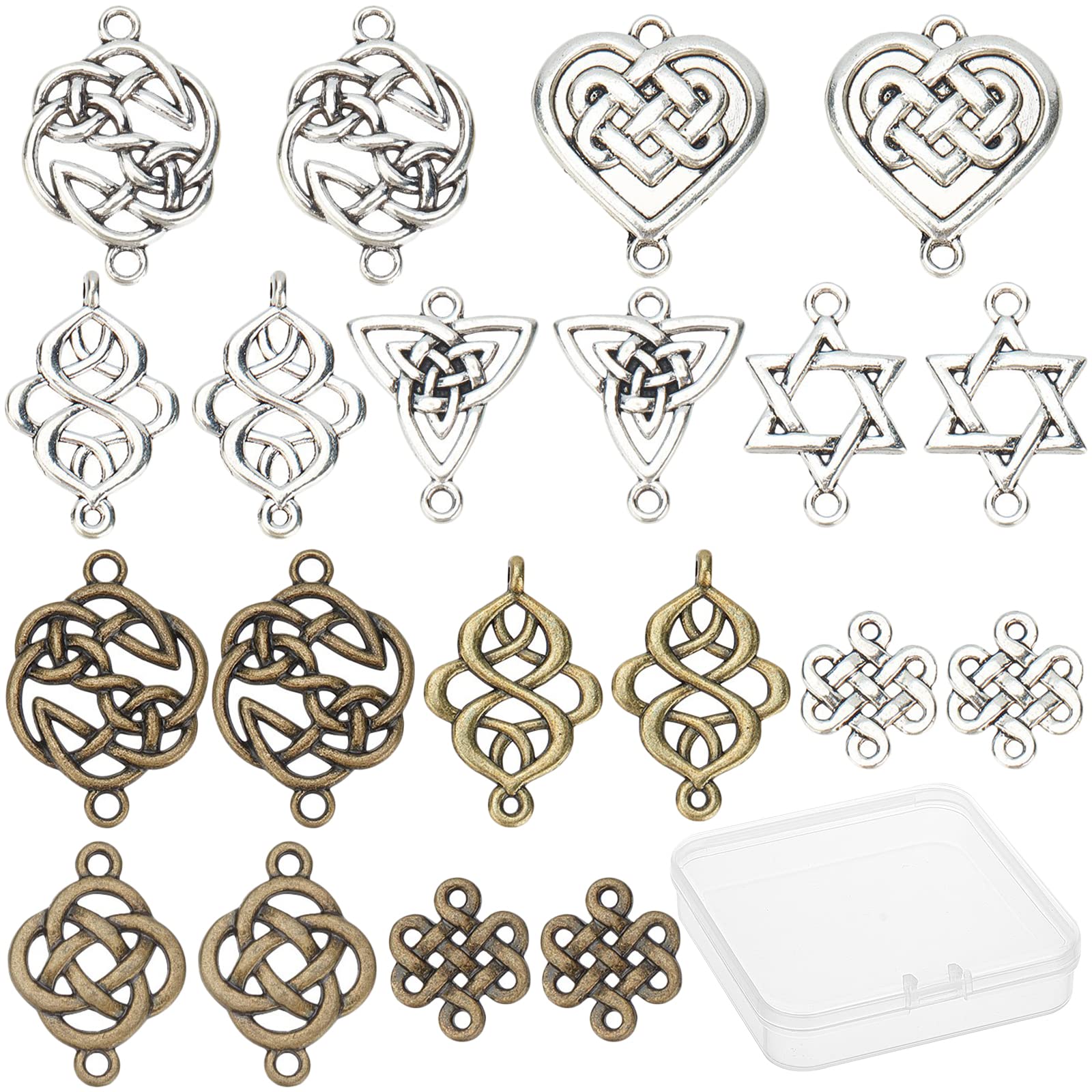 SUNNYCLUE 1 Box 60Pcs 7 Styles Celtic Knot Connect Charms Findings 2 Colors Tibetan Alloy Flower Triangle Heart Knot Links Good Luck Connector Charms Pendants for DIY Earring Making