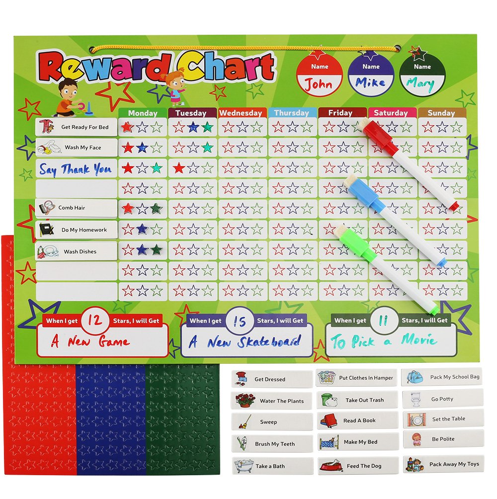Magnetic Reward Chart Set, Includes: 20 Magnetic Chores, 240 Magnetic Stars & 4 Color Dry Erase Markers! Behavior Chart Board Magnetic Backing & Hanging loop for Wall, Rigid board Dry Erasable,16 x 12