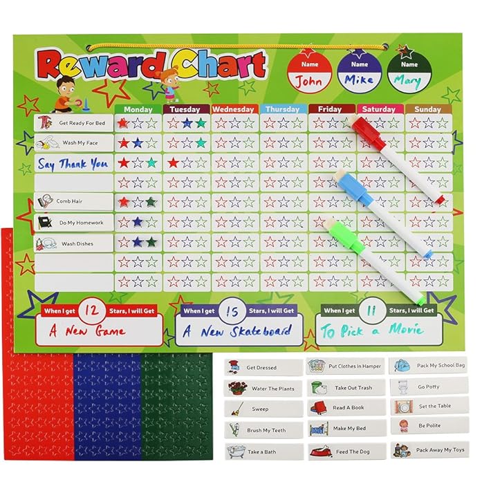 Magnetic Reward Chart Set, Includes: 20 Magnetic Chores, 240 Magnetic Stars & 4 Color Dry Erase Markers! Behavior Chart Board Magnetic Backing & Hanging loop for Wall, Rigid board Dry Erasable,16 x 12
