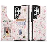 ZCDAYE for Samsung Galaxy S25 Ultra Wallet Case with Card Holders,PU Leather Double Magnetic Clasp Kickstand Trendy Girly Women Case for Samsung Galaxy S25 Ultra,Pink Flowers