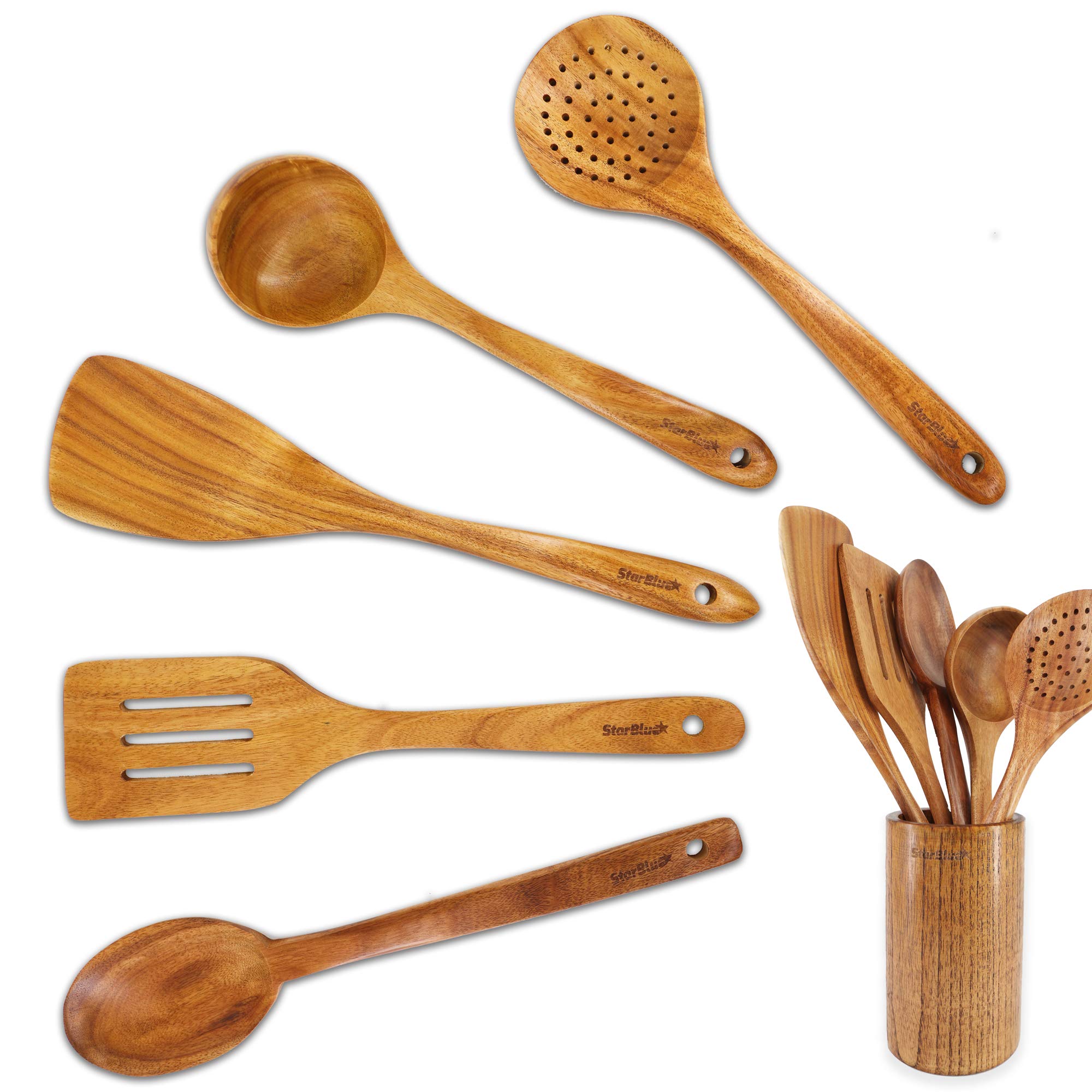 6 Pieces Acacia Wooden Cooking Utensils Set by StarBlue – Non-Scratching and Durable Spatulas for Non-Stick Cookware – Eco-Friendly and Ergonomic Wooden Spatula and Spatula Holder Set