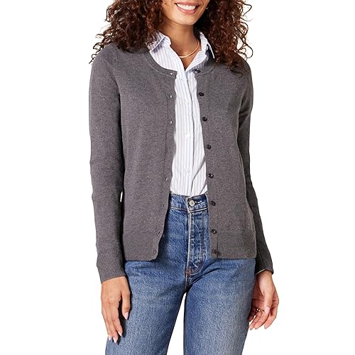 Amazon Essentials Women's Lightweight Crewneck Cardigan Sweater (Available in Plus Size), Charcoal Heather, 1X