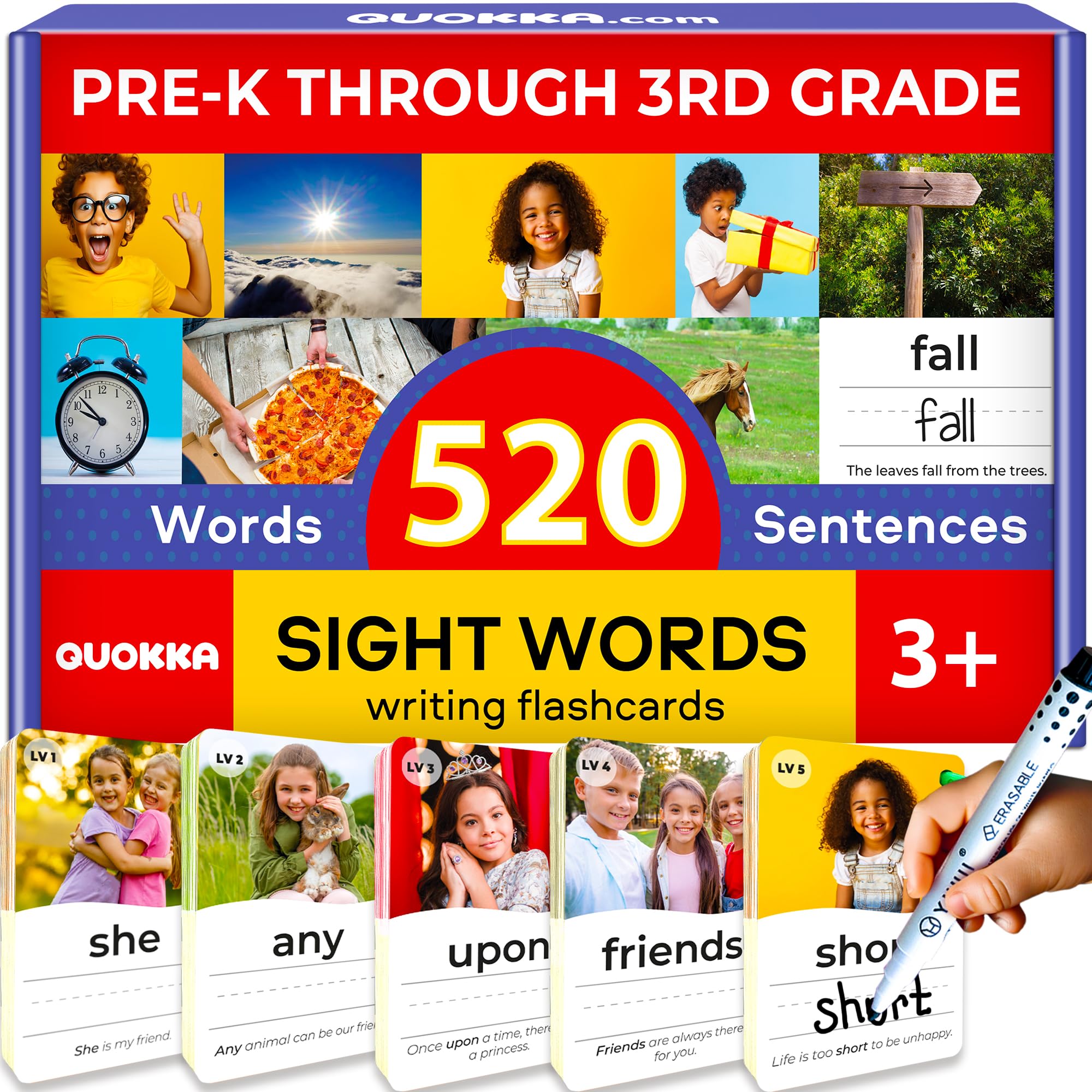 Photo 1 of QUOKKA 520 Sight Words Flash Cards for Kids Adults – from Pre-K to 3rd Grade – 5 Levels & Bold Font & Jumbo Size & Dry Erase Cards with Realistic Images & Rings – Based on Dolch & Fry Word Lists