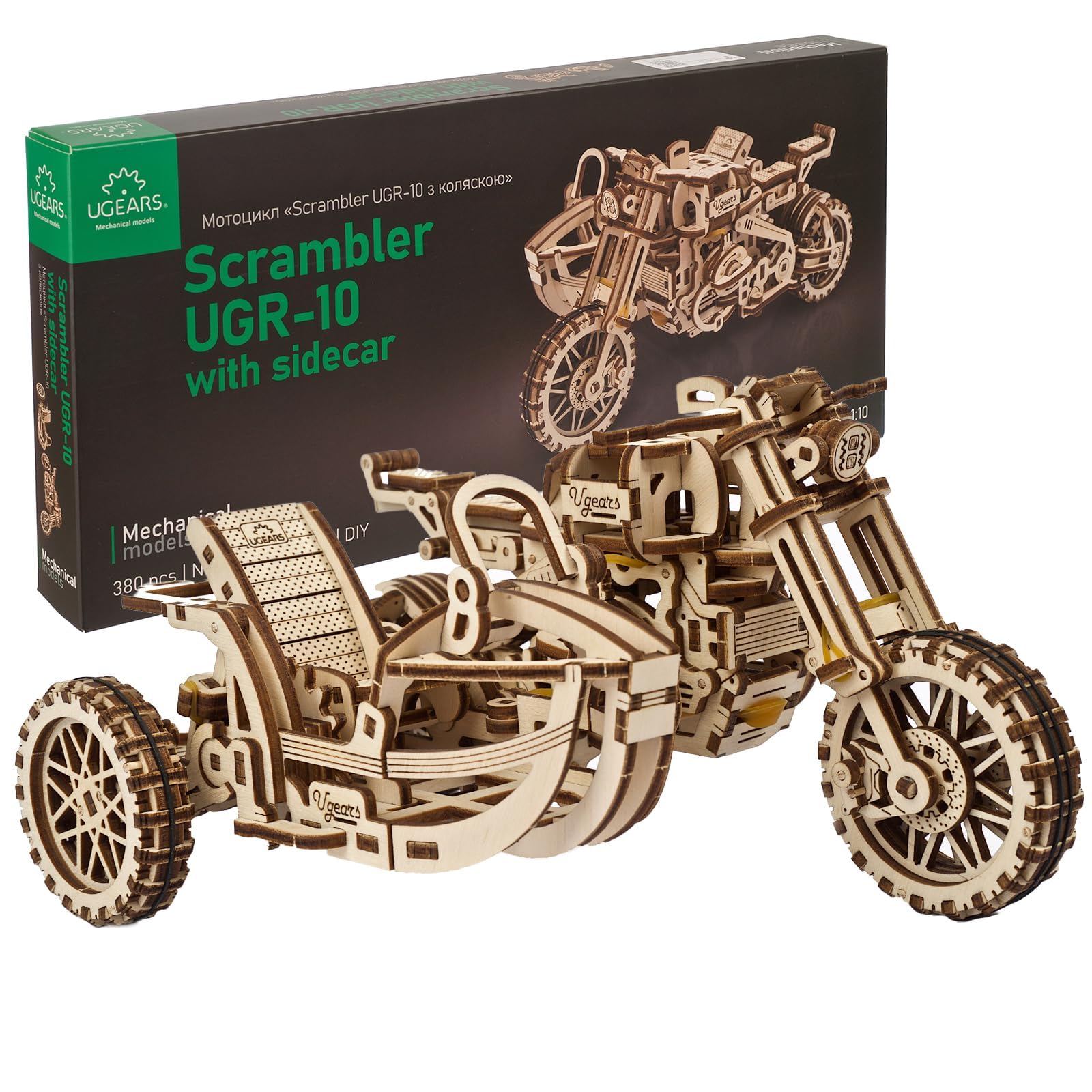 UGEARS Scrambler UGR-10 Motor Bike with Sidecar - 3D Puzzle Build Your Own - Mechanical Wooden Model Kits For Adults to Build - 3D Wooden Puzzles for Adults Motorbike for Men