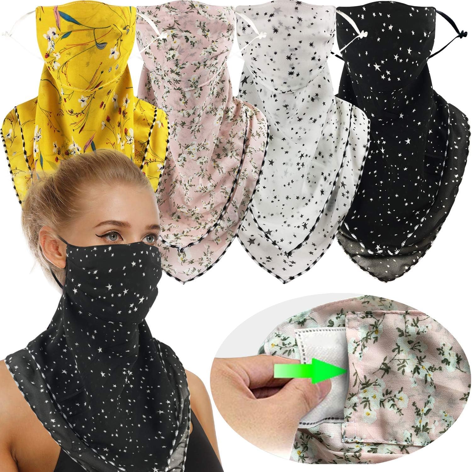 2 or 4 Pack Women Face Scarf Mask Reusable Face Cover Balaclava with Filter Pocket Chiffon Bandana Neck Gaiter -Ear Loops & Snap at  Women’s Clothing store