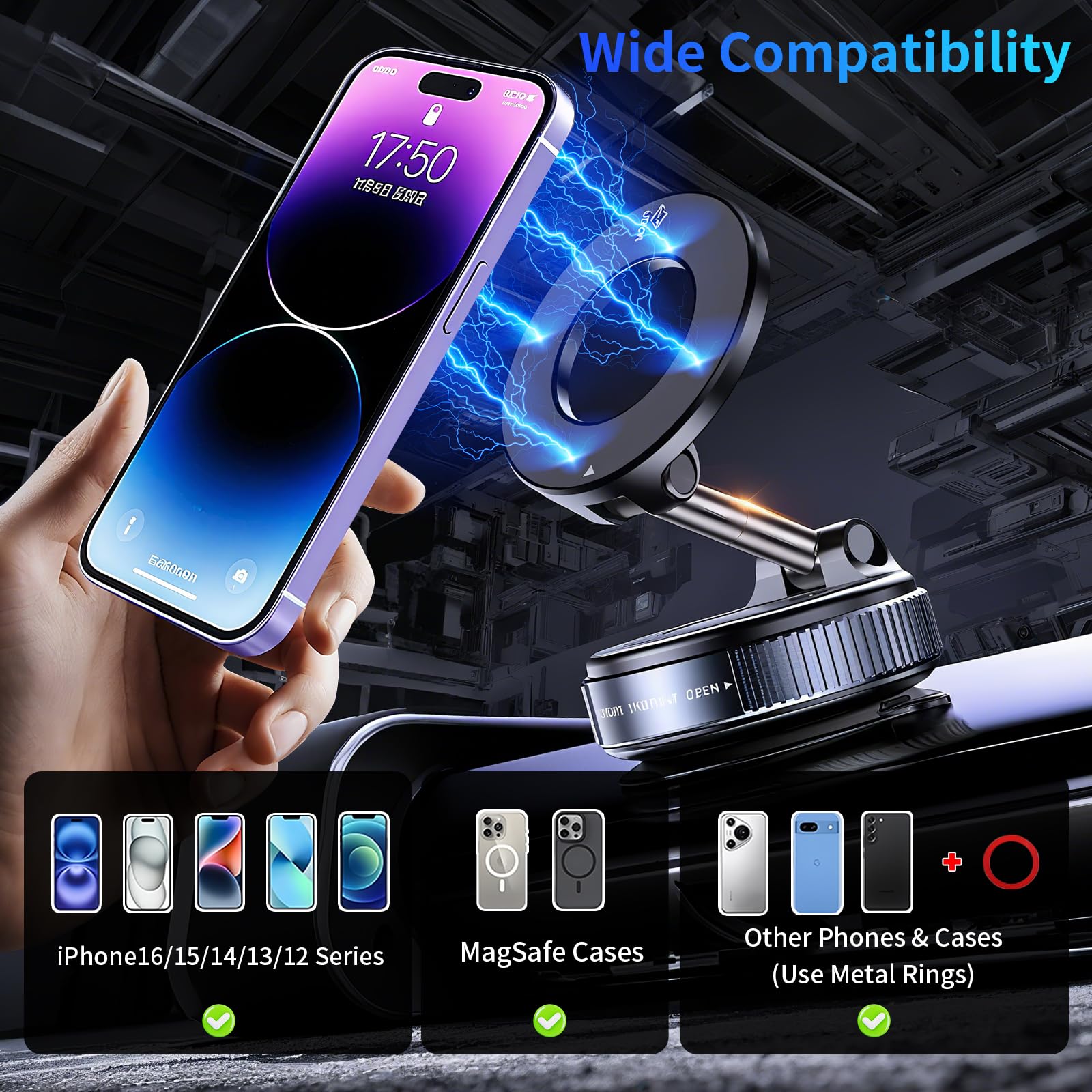 YAOKEEP Magnetic Car Phone Holder for Magsafe [96+LBS Suction & 2800gf Magnetic],360°Adjustable Vacuum Suction Cup Car Phone Mount,Car Mount for iPhone 17 Pro Max 16 15 14 13 12 and All Smartphones