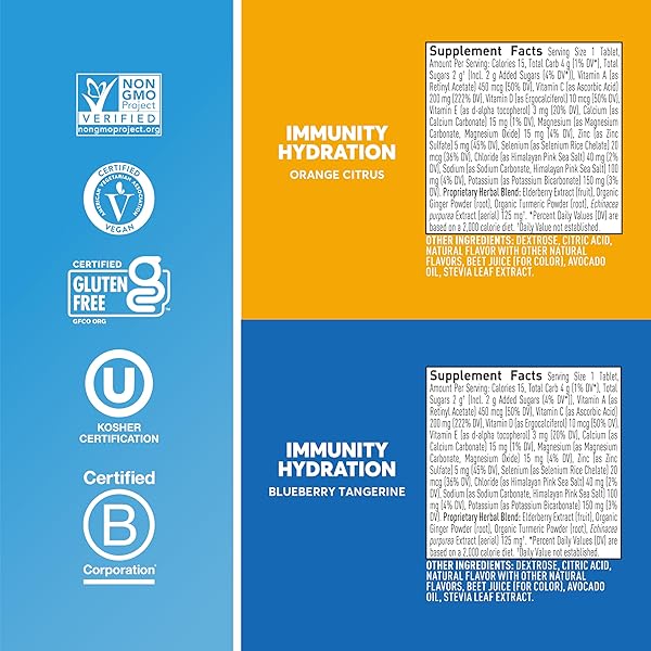 NUUN IMMUNITY ELECTROLYTE TABLETS WITH VITAMIN D, C, E, & A, GINGER, ELDERBERRY, MAGNESIUM & 4 OTHER ESSENTIAL ELECTROLYTES, VEGAN, BLUEBERRY TANGERINE & ORANGE CITRUS, 2 PACK (20 SERVINGS TOTAL)