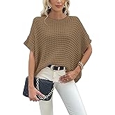 Jumppmile Women's Short Sleeve Waffle Knit Batwing Sleeve Sweater Pullover Sleeveless Oversized Sweater