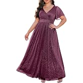 Women Plus Size Formal Dress Flutter Sleeve Maxi Wedding Guest Gown | Flattering Double V-Neck, High Smocked Waist, Chiffon/Glitter A-Line Flowy Maxi Gown for Wedding Guest, Formal Evening, Party