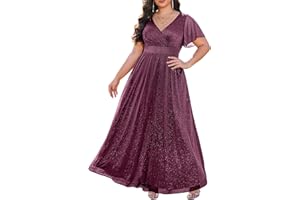 Talisea Plus Size Formal Dresses - V Neck Flutter Sleeve Glitter Prom Evening Gowns Wedding Guest Chiffon Long Maxi Dress