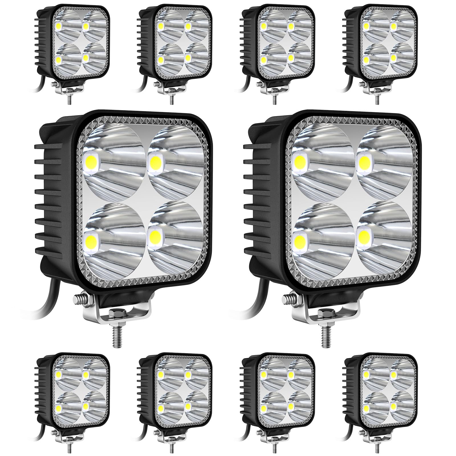 AnTom LED work lights,10PCS 12V 24V 6000K Waterproof led headlights IP68 led auxiliary headlights for offroad tractor, SUV, UTV, A