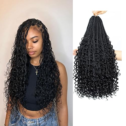 Liang Dian Goddess Box Braids Crochet Hair 18 Inch 8 Packs Boho Crochet with Curly Ends Pre looped Synthetic Bohemian Hippie Braids Hair Extensions(18 Inch 1B)