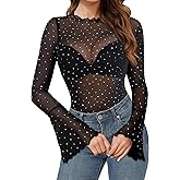 Buauty Women Sheer Mesh Tops Rhinestone Long Bell Sleeve Tops Sparkle Glitter See Through Blouses Elegant Party Shirts