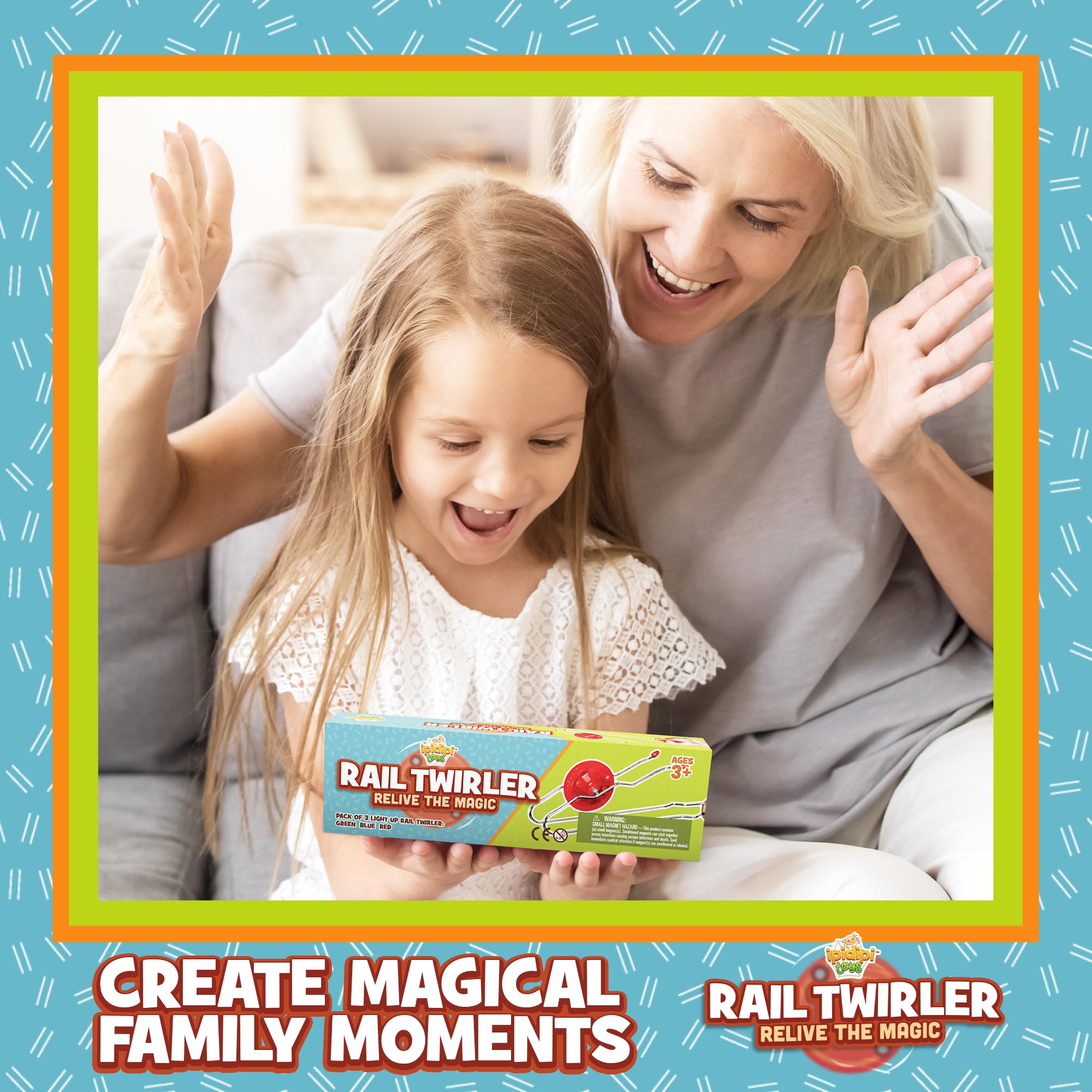 Retro Magic Rail Twirler - 3 Pack - Light Up Magnetic Stocking Stuffers For Kids - Sensory Toy With Spinning Wheel and Flashing LEDs | Rail Twister Vintage Fidget Toy for Adults & Children | 3 Colors