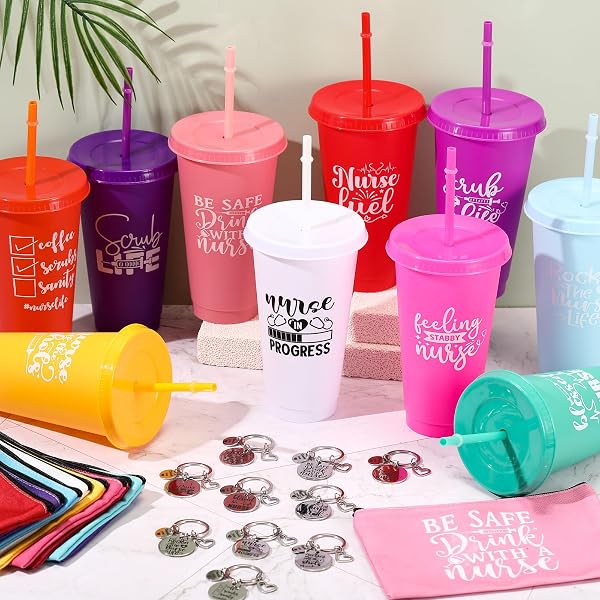 TEENYYOU 90 PCS CNA WEEK GIFTS BULK 2026-24OZ REUSABLE NURSING ASSISTANT APPRECIATION TUMBLERS WITH LIDS & STRAWS, CANVAS MAKEUP BAGS, KEYCHAINS, NURSES GIFTS FOR GRADUATION HOSPITAL STAFF(ELEGANT)