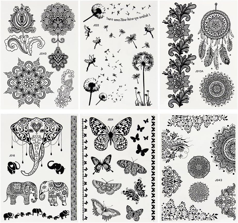 Kbnian Henna Temporary Tattoos 6 Sheet Waterproof Body Tattoos with Lace Design Multi-Patterns Body Art Tattoo Sticker for Man Women Use to Arm Shoulder Back Leg Chest-Black