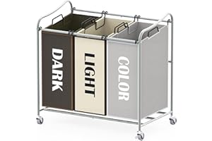 Simple Houseware Heavy Duty 3-Bag Laundry Sorter Rolling Cart, Silver/Assorted – Durable Triple Laundry Hamper with Removable Bags and Lockable Wheels for Laundry Room Organization