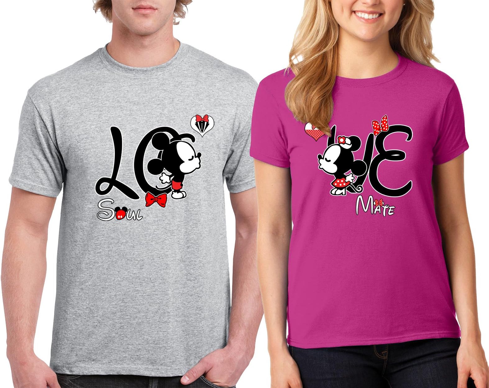 Mickey and Minnie Love Soul Mate Design Couple Round Neck T-Shirt Tee Shirt 1(Grey-Pink,Men-L/Women-S)