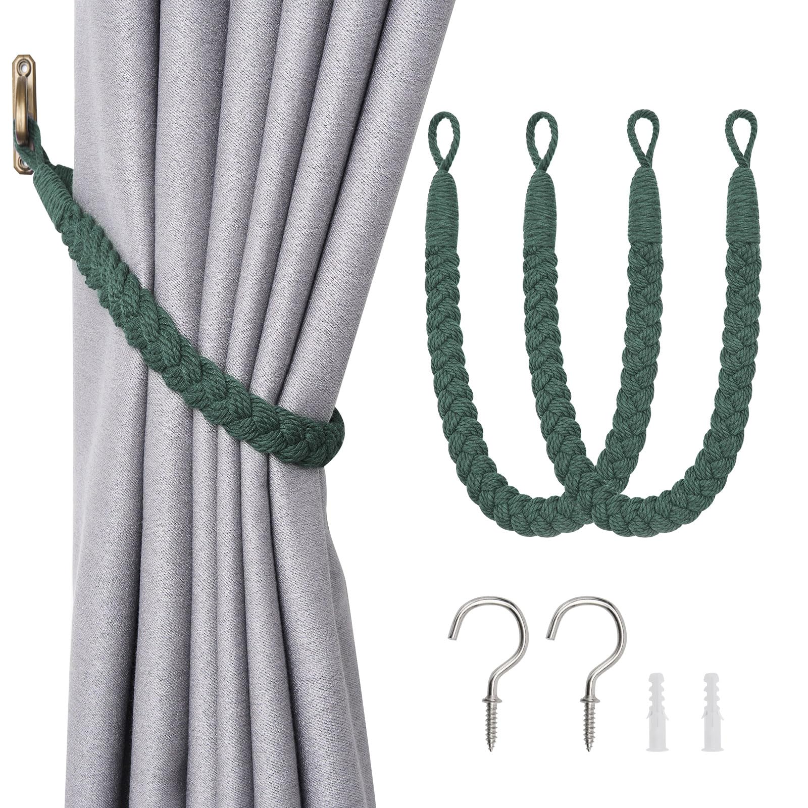 Pretty Jolly 2 Pack Natural Cotton Rope Curtain Tiebacks Elegant Boho Style Decorative Drape Tie Backs Soft Hand-Woven Rope Curtain Holdbacks with Metal Hook for Home & Office Drapery (Dark Green) — image 1
