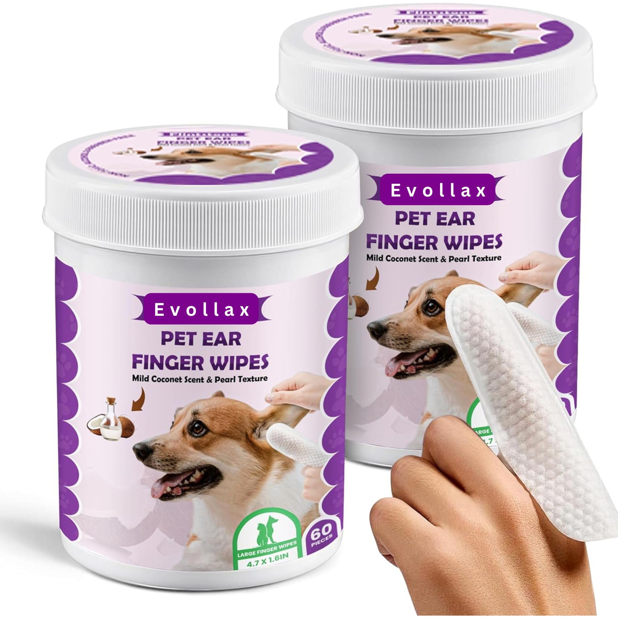 Evollax Dog Ear Cleaner Finger Wipes - 120 Dog Ear Wipes Gently Clean Ear Wax & Dirt | Ear Cleaner for Dogs uk | Ear Wipes for Dogs & Cat Ear Cleaner Wipes | Coconut Scent | Ear Cleaner for Dogs