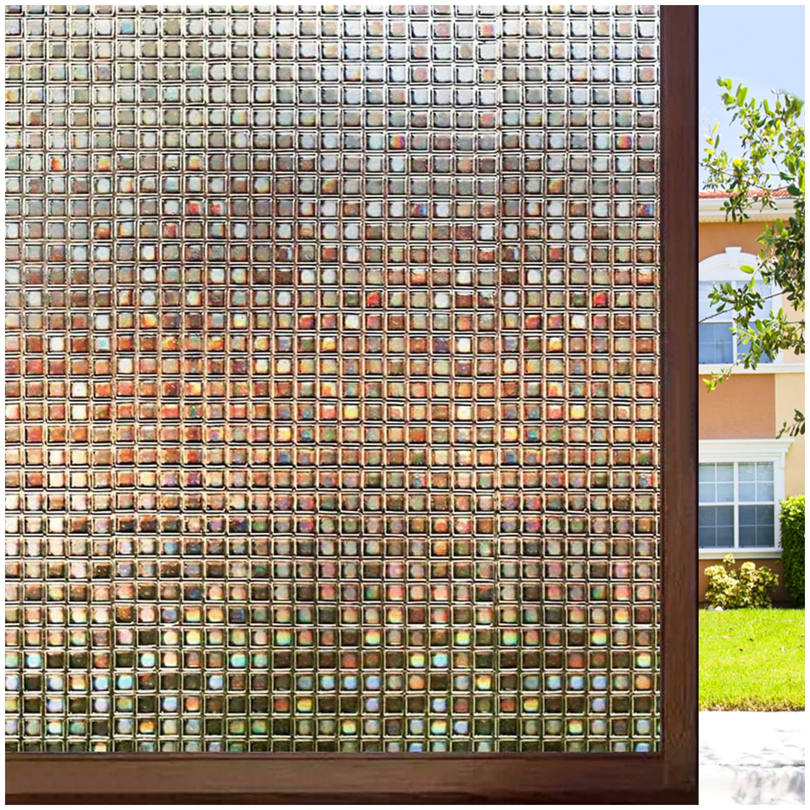 Photo 1 of rabbitgoo Window Privacy Film Stained Glass Window Film, Mosaic Rainbow Decorative Glass Cling, Removable Static Cling Tint, Non-Adhesive Privacy Covering for Home, Brown, 17.5 x 78.7 inches