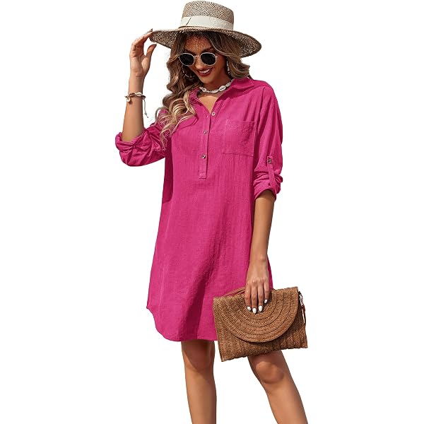 Amazon.com: Zeagoo Women White Linen Button Up 100% Cotton Shirt Dress  Henley Roll-Up Sleeve Tunic Top Khaki,Medium : Clothing, Shoes & Jewelry