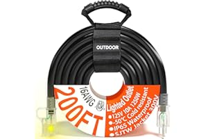 HUANCHAIN 16/3 Gauge 200 ft Black Outdoor Extension Cord Waterproof with Lighted end, Flexible Cold-Resistant 3 Prong Long Extension Cord Outside, 10A 1250W 16AWG SJTW, ETL