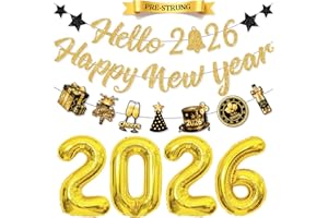 PARTY TONIGHT Pre-Strung Hello 2026 Happy New Year Banner with Balloon, No DIY Glitter Gold New Years Decorations 2026 for NYE Decorations 2026 Happy New Years Eve Party Supplies