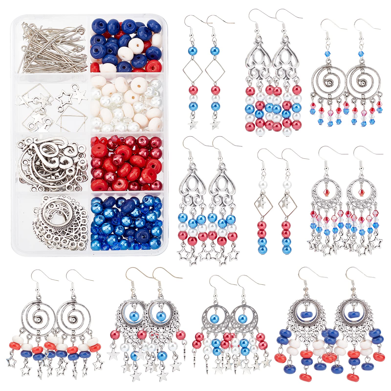SUNNYCLUE 1 Box DIY 10 Pairs Independence Day Earrings Making Kit Bohemian Style Glass Beads Patriotic Charms for Jewellery Making Kit 4th July Themed Charm for Beginners Adult Women Antique Silver