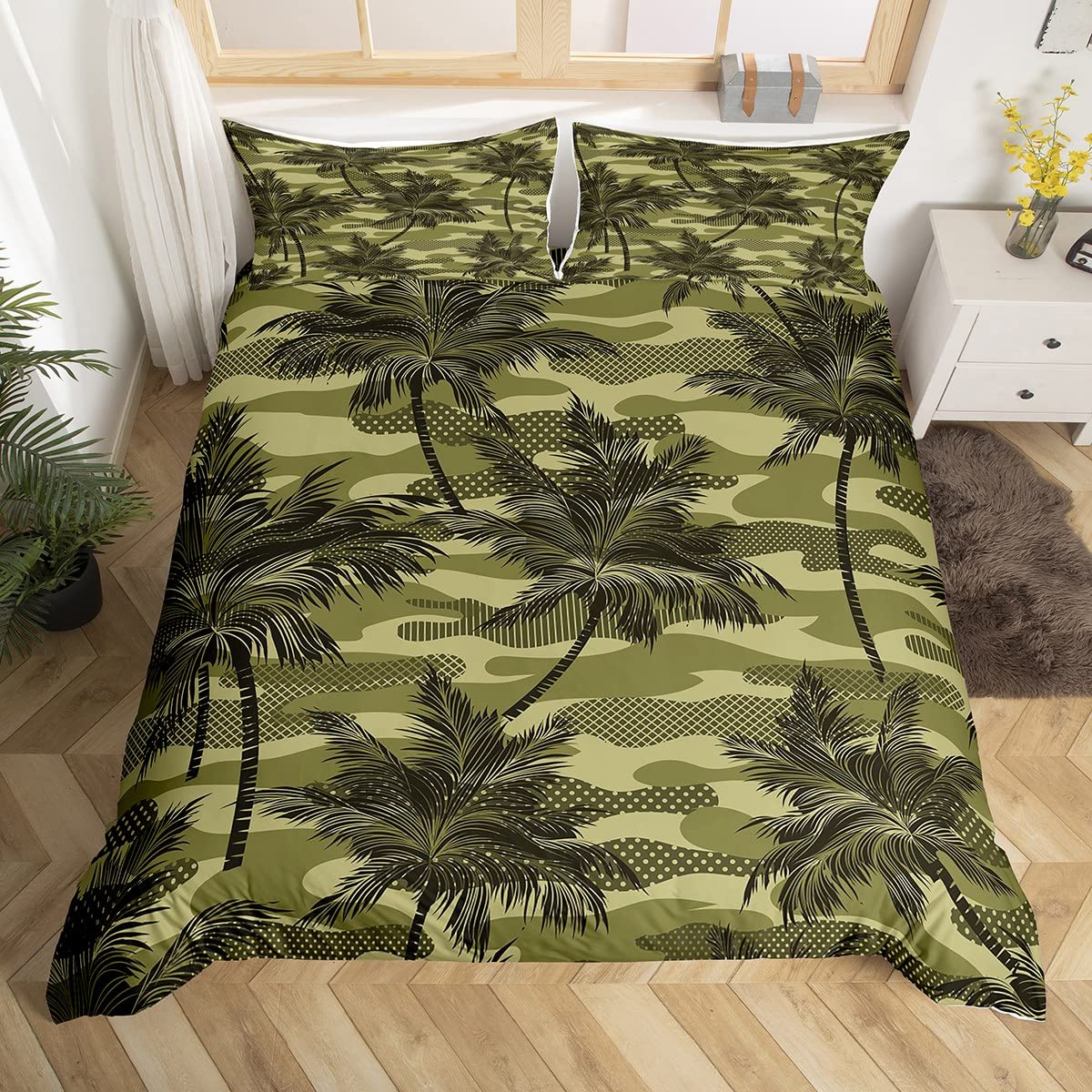 Manfei Camouflage Kids Duvet Cover Set Single Size, Tropical Palm Trees Bedding Set 2pcs for Boys Girls Teens Bedroom Decor, Green Camo Comforter Cover Soft Polyester Quilt Cover with 1 Pillowcase — image 1