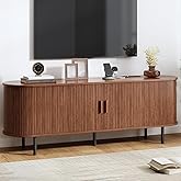 63" Fluted TV Stand with Power Outlet, Modern Media Console with Sliding Doors, Entertainment Center for TVs up to 60 Inch, Adjustable Shelves, Walnut